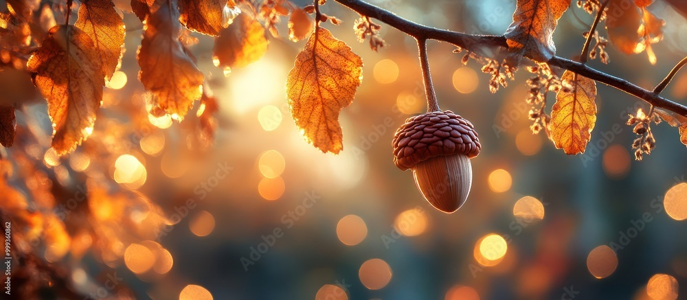 Poster a single acorn hangs from a branch with autumn leaves and a bokeh background.