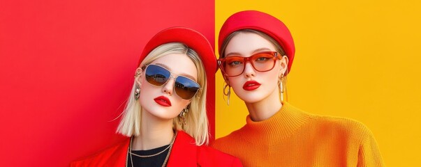 Two fashionable women pose against a vibrant backdrop of red and yellow, showcasing modern styles with bold accessories and confident expressions.
