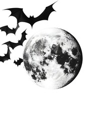 Dramatic Full Moon With Silhouetted Bats in Minimal White Background