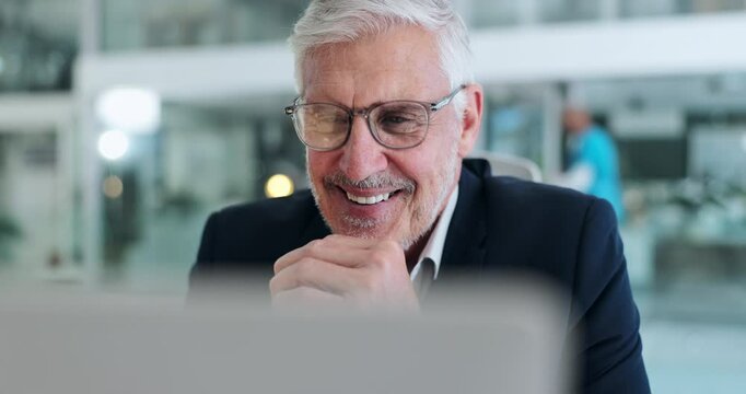 Laptop, happy and mature businessman in office for working on proposal, project and online research. Corporate manager, professional and worker on computer for report, typing email and good news