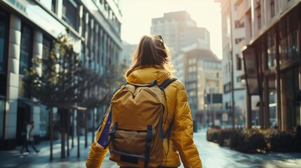 Obraz premium Urban Adventurer: Young Woman Exploring City Streets at Sunrise