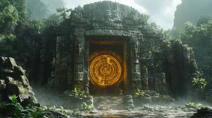 Naklejka premium Ancient Mayan Temple Entrance with Golden Gate
