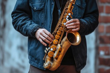 Naklejka premium Man Playing Saxophone with Concrete Brick as Background