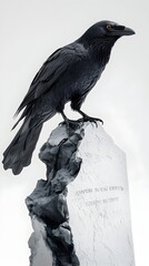 Fototapeta premium Eerie Raven Perched on Fractured Gravestone in Stark Monochrome Contrast