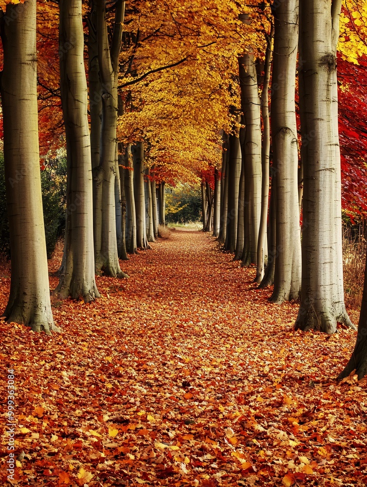 Poster a path lined with trees in autumn with a carpet of fallen leaves.