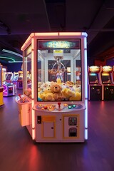 クレーンゲーム。ネオンの光るゲームセンター。UFOキャッチャー｜Crane game. A neon-lit arcade with UFO catchers.