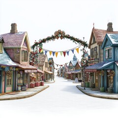 Fototapeta premium A festive winter street scene adorned with holiday decorations and snow.