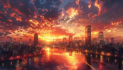 Cityscape with high-rise buildings at sunset.