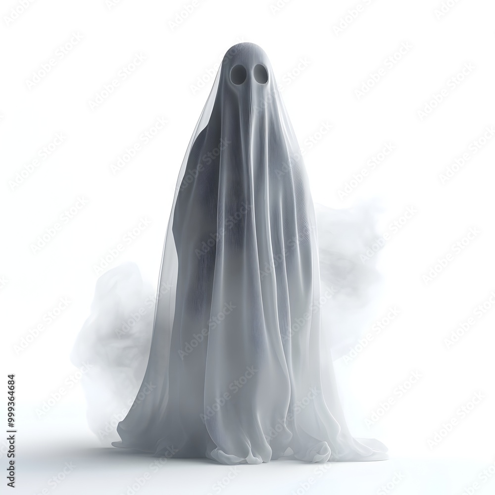 Poster ethereal ghost floating through glowing mirror on white backdrop