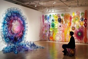 An introspective admirer finds inspiration amidst vibrant contemporary art installations in a gallery.