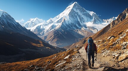 A mountaineer adjusts to the elevation amidst towering peaks blanketed in snow, ready to embrace the upcoming journey.