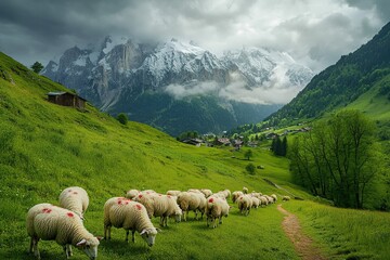 Obraz premium A flock of sheep grazing on the grassy slopes near an alpine mountain range