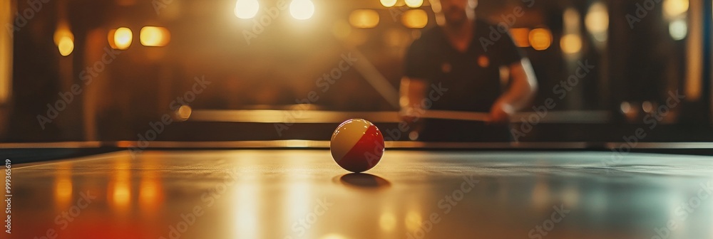 Poster table edge detail, blurred paddle and player in background, emphasizing action and focus in a dynami