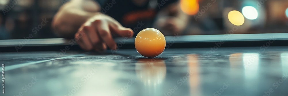 Poster table edge detail, blurred paddle and player in background, emphasizing the intensity of the game at