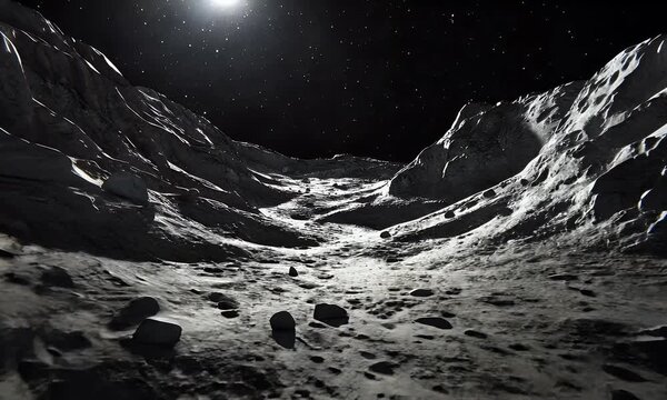 A detailed view of a lunar landscape with craters and a bright starry sky above.