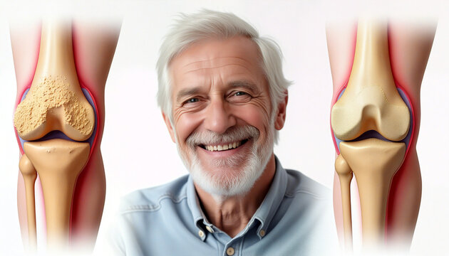 Senior man smiling showing healthy knee and unhealthy knee with osteoporosis