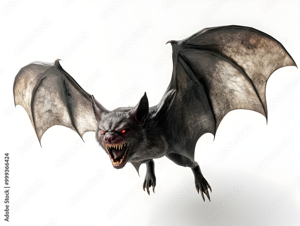Poster fearsome vampire bat with razor sharp claws and glowing crimson eyes on pristine white background
