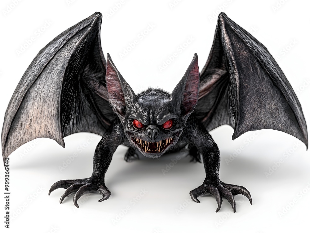 Poster fearsome vampire bat with glowing crimson eyes and razor sharp claws on pristine white background