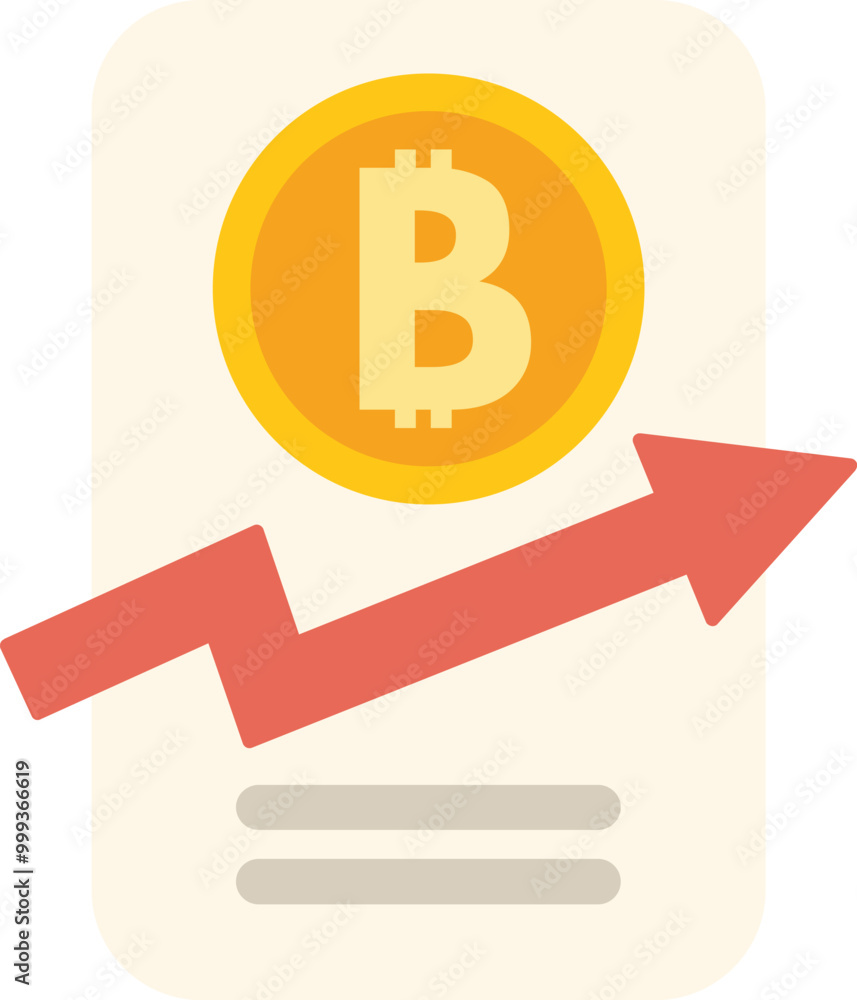 Poster red arrow showing increasing value of bitcoin cryptocurrency on a mobile phone app for trading