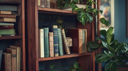 A chic wooden shelf showcases captivating book covers, enticing avid readers with their striking designs.