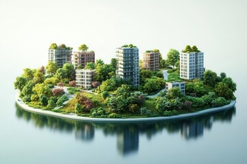 Fototapeta premium A serene island featuring modern buildings surrounded by lush greenery and a reflective waterbody, depicting nature and urban design.