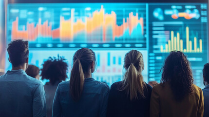  ビッグスクリーンでデータを確認する人々