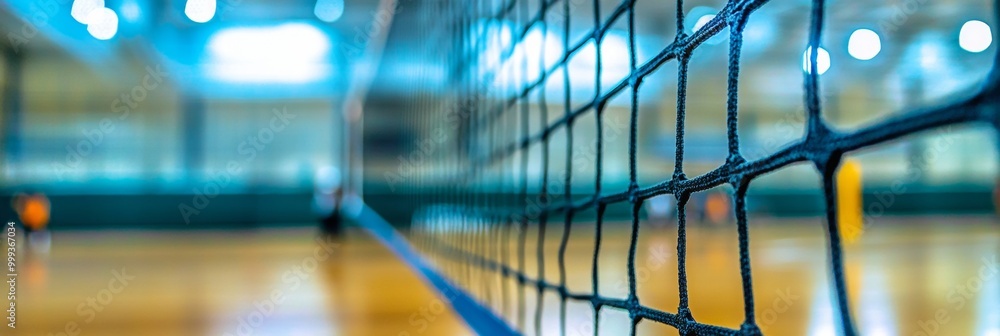 Poster volleyball net in action, dynamic close-up showcasing the net with players and court blurred in the 
