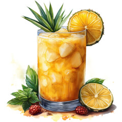 Watercolor Pina Colada Clipart illustration, Pineapple fruit, Cool summer drink with ice in a glass isolated on a transparent background. png