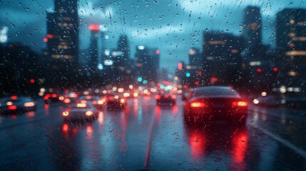 Obraz premium In the rainstorm, when looking out from the window, there are fuzzy lights and city lights. The window is covered with raindrops, and the sky is dark, capturing the scene of a stormy night in the city