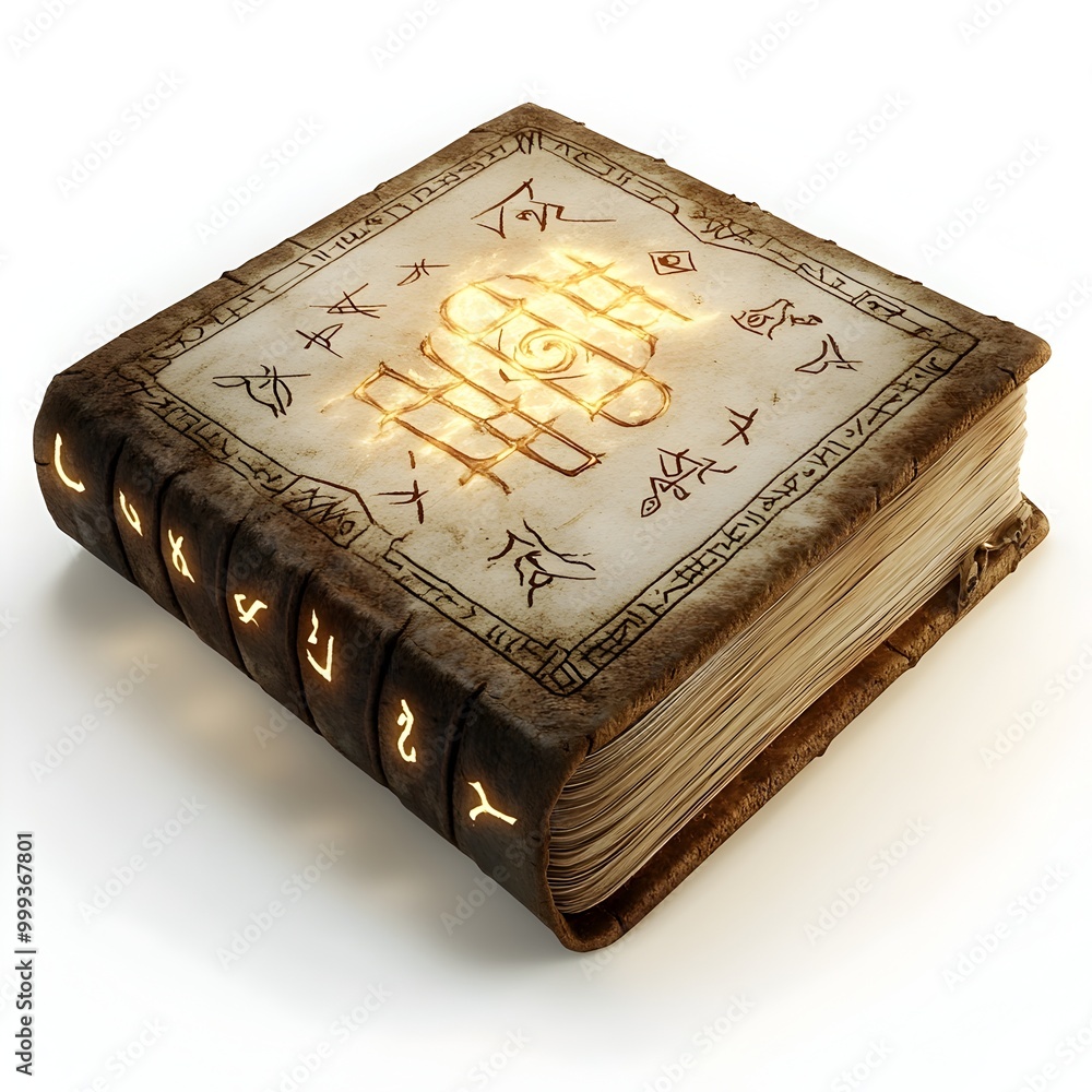 Poster glowing ethereal ancient spell book with magical runes and sigils 3d rendering