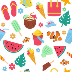 Colorful summer seamless pattern. Beach elements: sunglasses, palm, watermelon slice, tote bag, umbrella, ice cream, waves, sand. Fashion print design