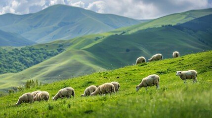 Obraz premium A group of sheep grazed calmly on the verdant slope.