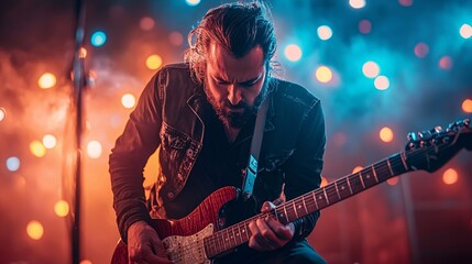 Obraz premium A talented musician enchants the crowd with vibrant performances under a dazzling light display.