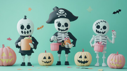 Three skeletons dressed as pirates holding pumpkins and a box