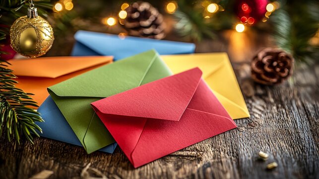 Vibrant envelopes filled with holiday cheer rest on a rustic table, beckoning heartfelt notes for cherished ones.