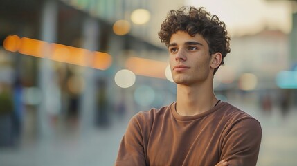 Fototapeta premium Thoughtful Young Man Posing Outdoors in Urban Setting, Evening Portrait of Casual Style