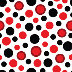 A playful arrangement of small red and black circles creates a dynamic seamless pattern against a white background ideal for various design applications