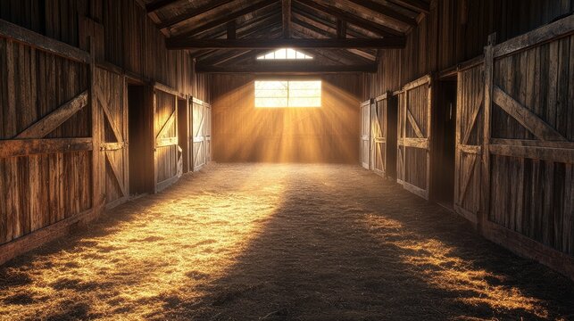 Sunlight Illuminated Empty Stable Viewed from Inside with Warm Natural Light Creating a Serene and Tranquil Atmosphere, Captured from a Worm's Eye Perspective in a Realistic Style.