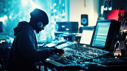 Photograph a musician using digital tools and software to create and mix music in a high-tech studio.