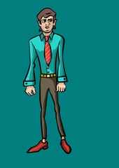 Vector illustration of a cartoon man in blue shirt and red tie.