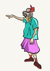 Cartoon illustration of an old woman pointing to the side with her finger