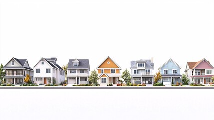 A vibrant community illustration featuring a variety of homes and local elements, ideal for a poster design with generous space for text on a clean background.