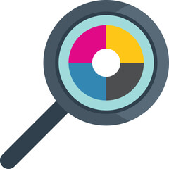 Magnifying glass is focusing on the cmyk color model, representing the four primary colors used in printing, cyan, magenta, yellow, and key - black -