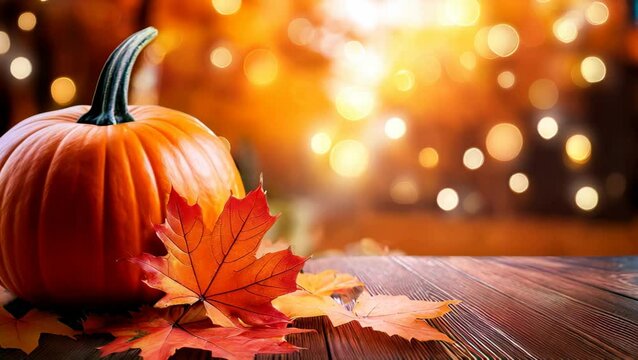 Autumn Pumpkin and Leaves on Rustic Wooden Table with Warm Bokeh Lights