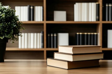 Fototapeta premium Stack of Books on Wooden Table with Bookshelves and Plant in Modern Library Setting