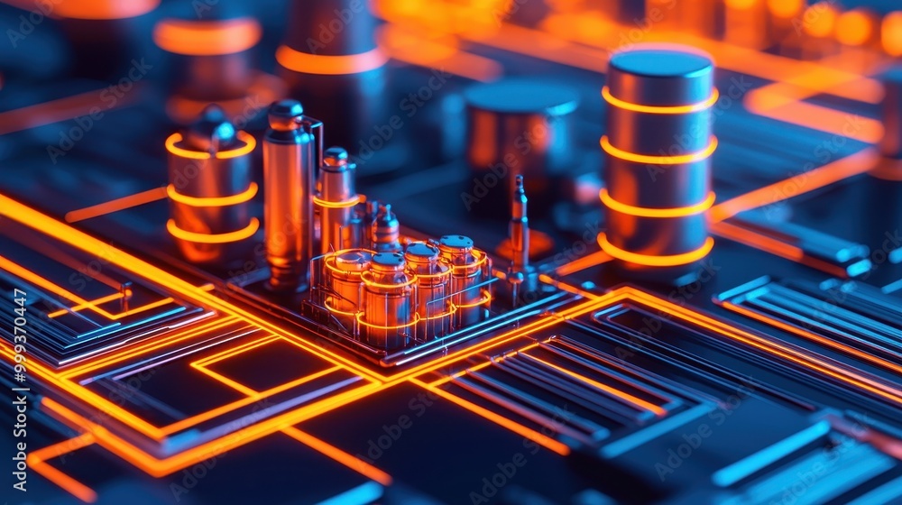Poster futuristic circuit board with glowing elements and modern architecture.