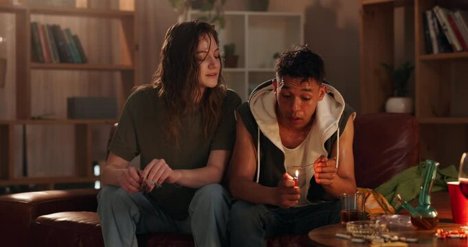 Drugs, injection and people with lighter in home for substance abuse, overdose or needle opoids. Spoon, syringe and flame burner for cocaine craving with addiction of couple at illegal house.