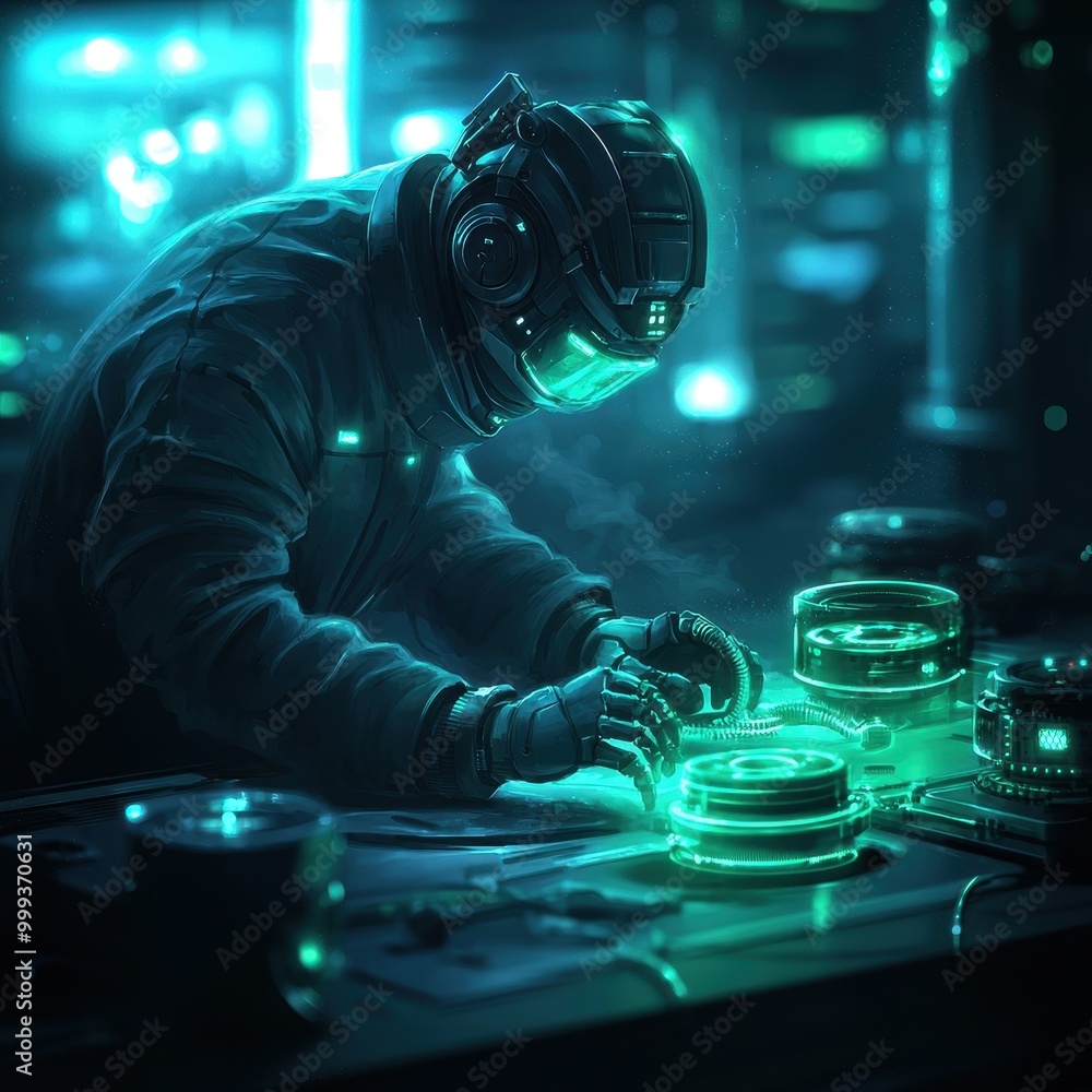 Poster futuristic technician working with glowing control panels in a high-tech environment.