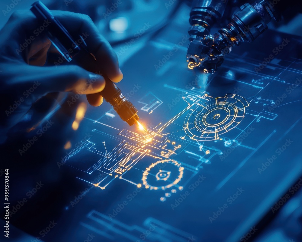 Poster hand sketching engineering design on a digital tablet in a high-tech environment.