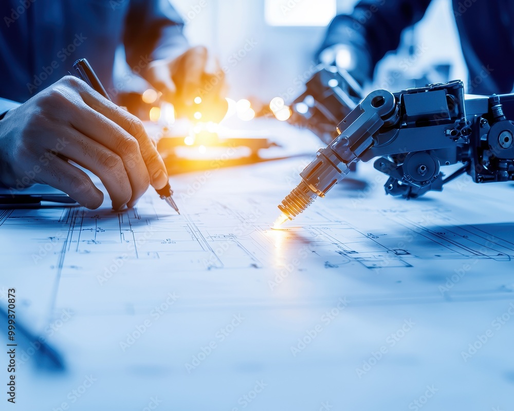 Poster hands utilizing robotic tools for precision engineering and drafting work.